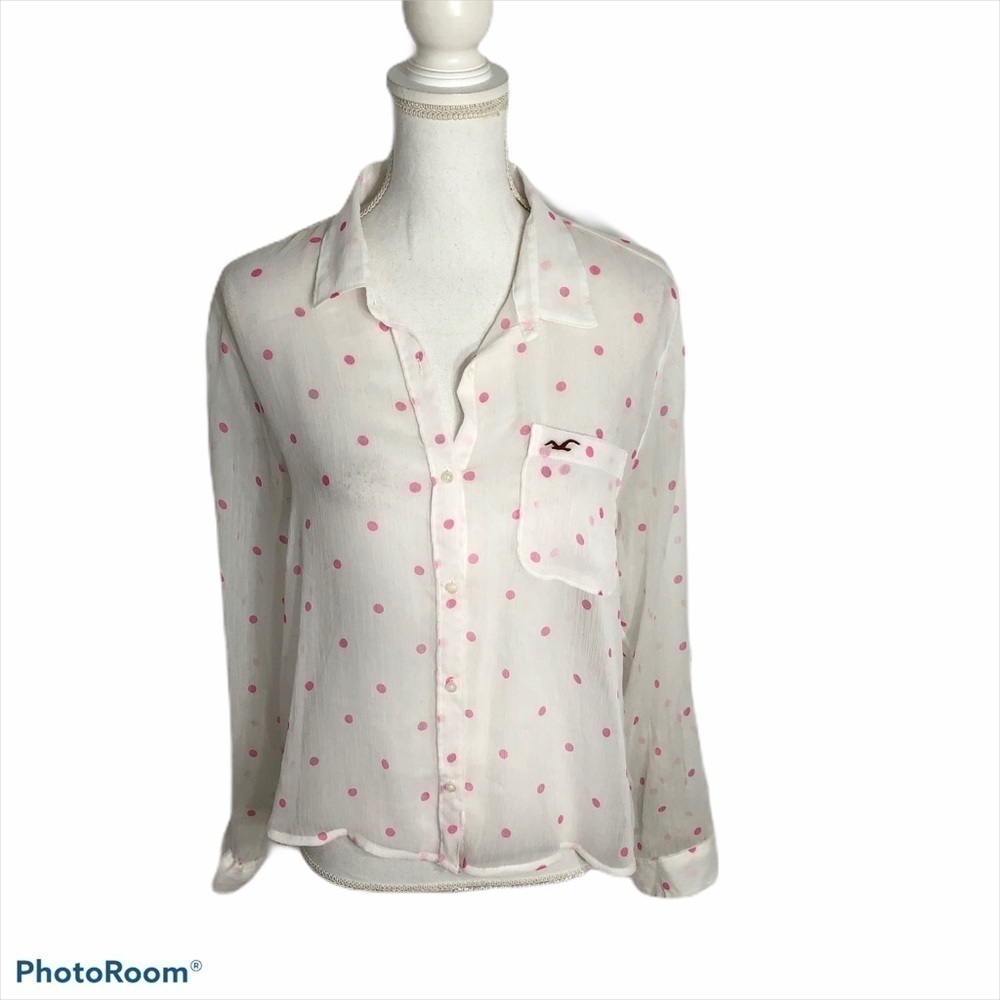 Hollister White Pink Polka Dot Button Down Shirt Medium Y2K Vintage